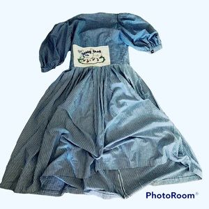 Vintage Americana Prairie Blue White Dress, midi with embroidered mother goose